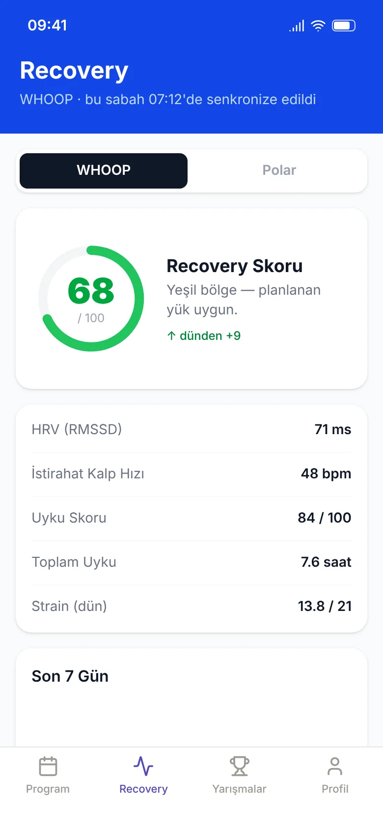 Sporcunun telefonunda WHOOP recovery ekranı: recovery skoru 68, HRV, dinlenik nabız ve uyku