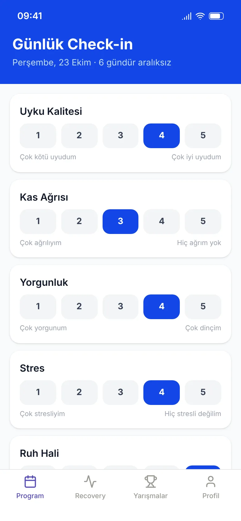 Sporcunun günlük wellness check-in ekranı: beş madde, 1–5 ölçek